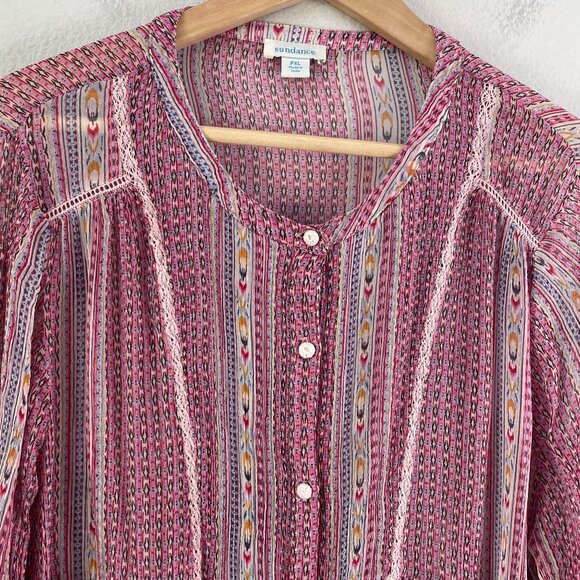 Sundance Womens Petite XL Blouse Gemini Top Berry Pink Button Down Sheer Shirt - Picture 9 of 11